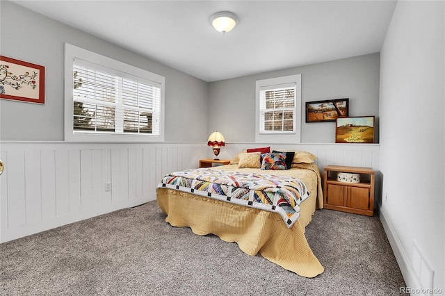 bedroom with carpet, multiple windows, and wainscoting