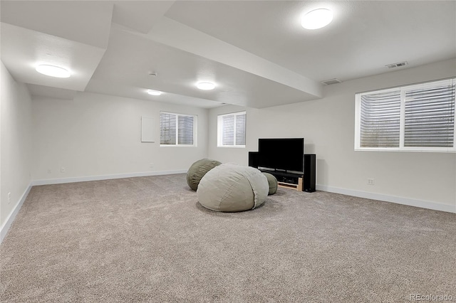 sitting room featuring carpet, visible vents, and baseboards