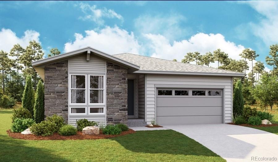 7067 E 126th Pl, Thornton, CO 80602 - ranch-style home featuring stone siding, concrete driveway, a front lawn, and an attached garage