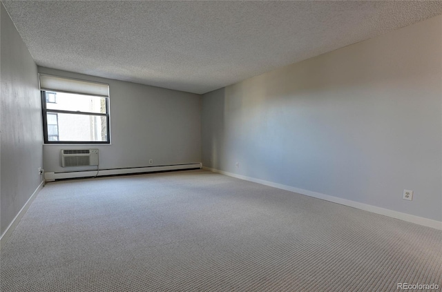 carpeted empty room with baseboards, baseboard heating, and a wall mounted AC