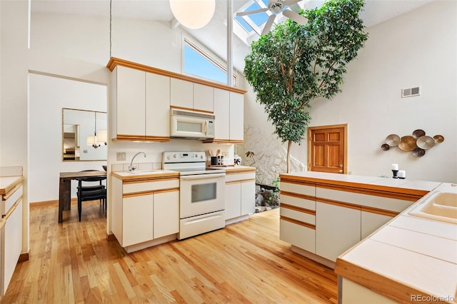 kitchen featuring visible vents, white appliances, ceiling fan, high vaulted ceiling, and light wood finished floors