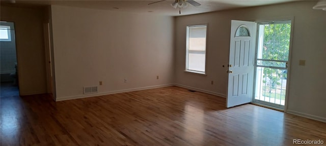 entryway featuring hardwood / wood-style flooring and ceiling fan