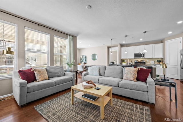 827 Sundance Ln, Erie, CO 80516 - living area with dark wood finished floors, a wealth of natural light, a textured ceiling, and visible vents