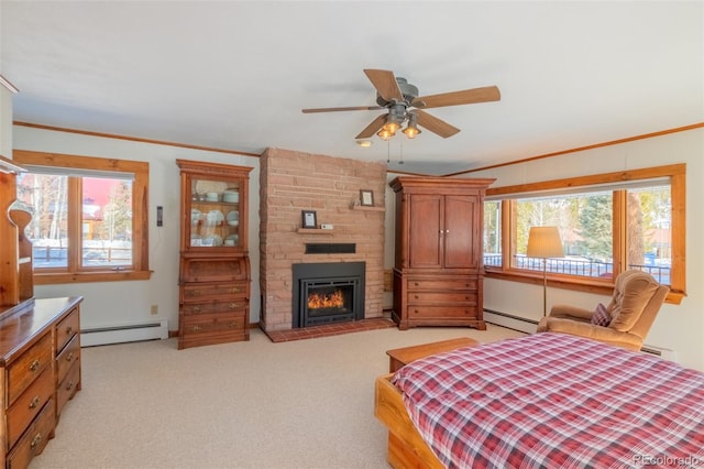 bedroom with a baseboard heating unit, light colored carpet, a fireplace, and ornamental molding