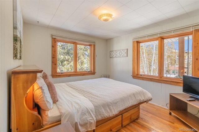 bedroom featuring radiator and wood finished floors