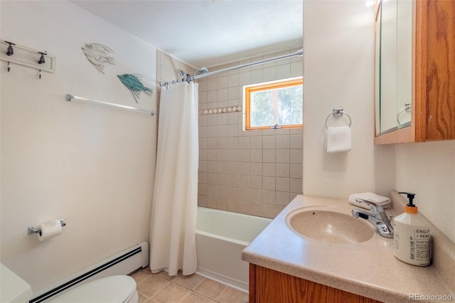 bathroom featuring toilet, tile patterned floors, shower / bathtub combination with curtain, baseboard heating, and vanity