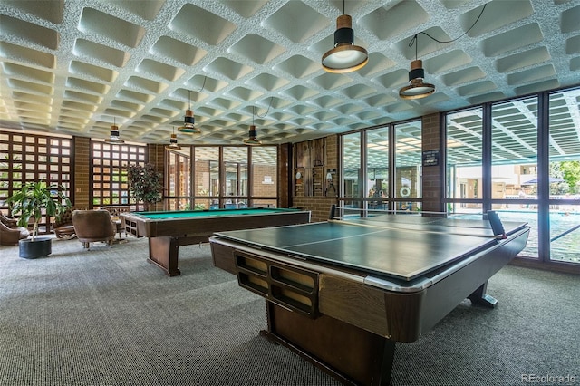 recreation room featuring carpet floors, pool table, and coffered ceiling