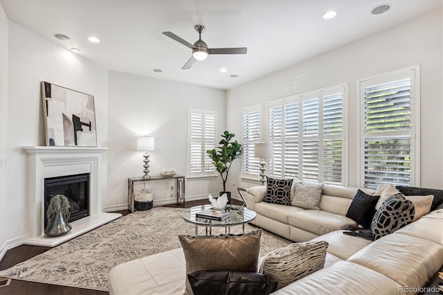 living room with hardwood / wood-style flooring, plenty of natural light, and ceiling fan