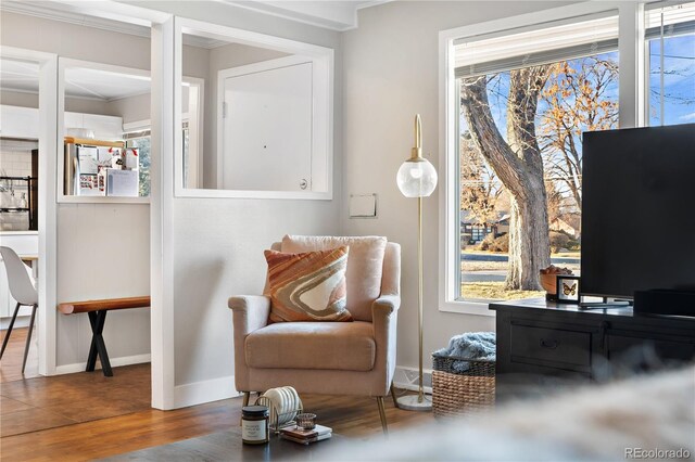 sitting room featuring ornamental molding and hardwood / wood-style floors