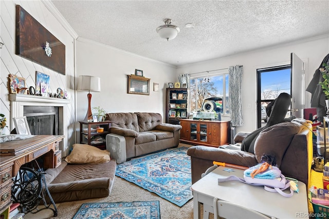 carpeted living room featuring crown molding and a textured ceiling