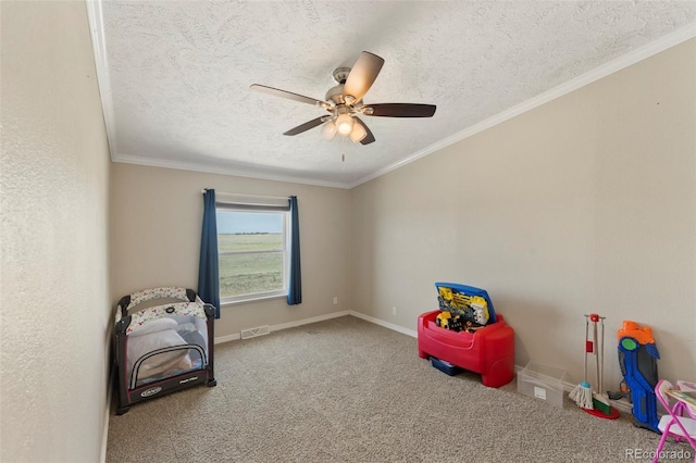 39245 Big Springs Rd, Rush, CO 80833 - interior space featuring a textured ceiling, ceiling fan, carpet flooring, visible vents, and crown molding