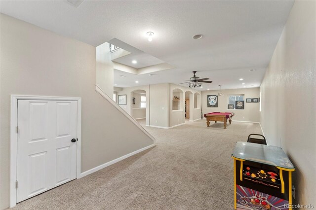 39245 Big Springs Rd, Rush, CO 80833 - recreation room featuring billiards, baseboards, arched walkways, carpet flooring, and recessed lighting