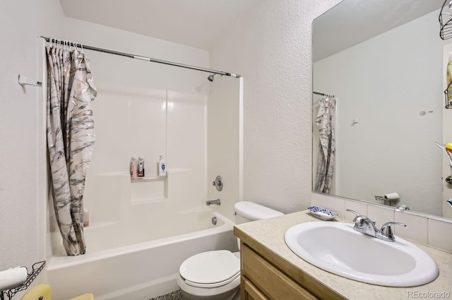 full bathroom with shower / bathtub combination with curtain, vanity, and toilet