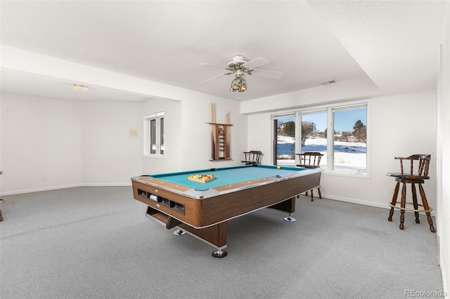 recreation room with carpet floors, pool table, and ceiling fan