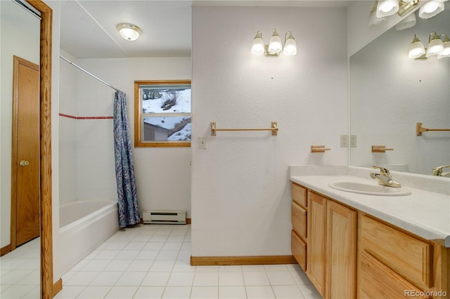 bathroom with baseboard heating, tile flooring, shower / bath combo, and vanity