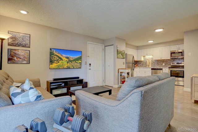 living room with light hardwood / wood-style floors and a textured ceiling