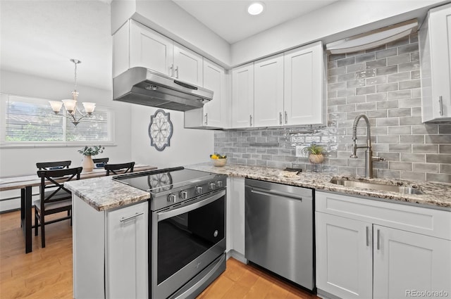 12820 Willow Ln Unit 9, Golden, CO 80401 - kitchen featuring appliances with stainless steel finishes, under cabinet range hood, white cabinetry, light wood finished floors, and a peninsula