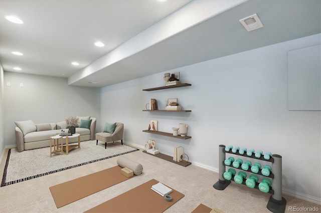 workout area with carpet flooring