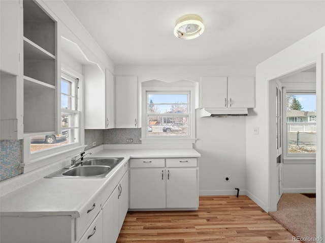 kitchen with a wealth of natural light, backsplash, a sink, and under cabinet range hood