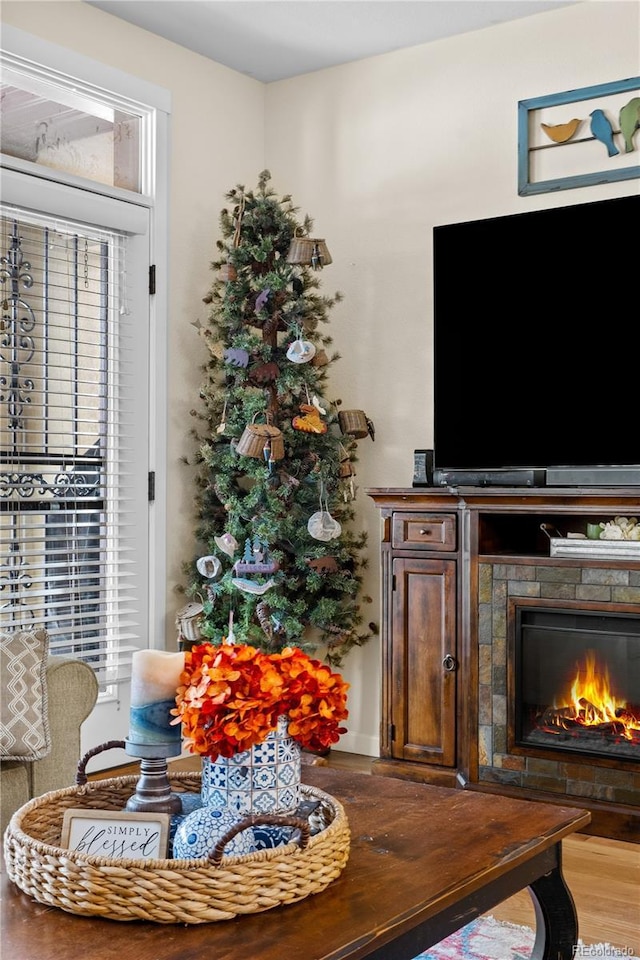 interior space with a fireplace and hardwood / wood-style floors