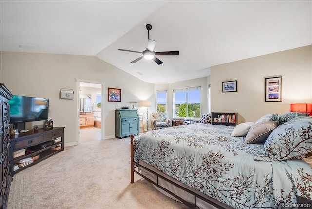 22428 Quail Run Ln, Parker, CO 80138 - bedroom with vaulted ceiling, light carpet, ceiling fan, baseboards, and ensuite bathroom