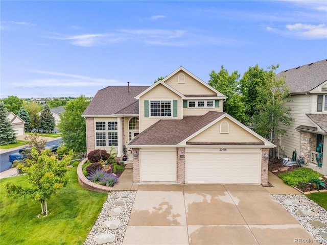 22428 Quail Run Ln, Parker, CO 80138 - traditional-style home with brick siding, driveway, roof with shingles, and an attached garage