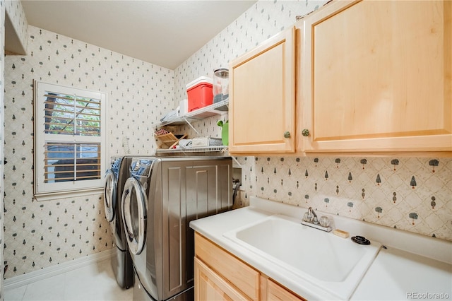 22428 Quail Run Ln, Parker, CO 80138 - laundry area featuring wallpapered walls, separate washer and dryer, cabinet space, and tile patterned floors