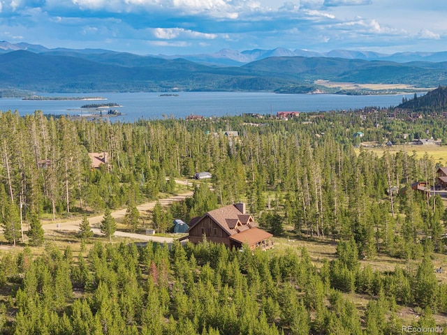 bird's eye view with a water and mountain view