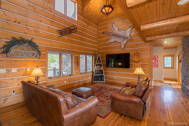 living room with wood ceiling, hardwood / wood-style floors, wooden walls, and lofted ceiling with beams