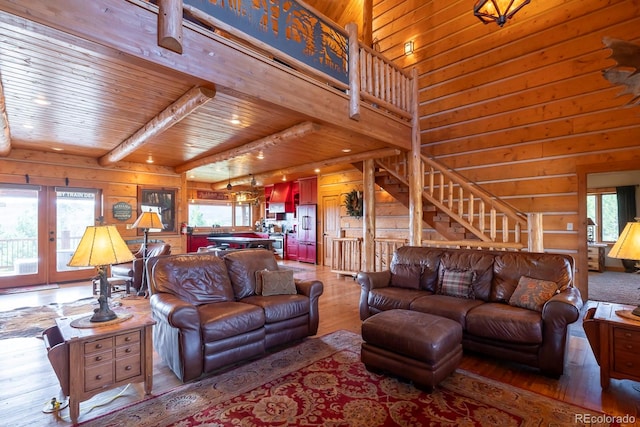 living room with wood walls, hardwood / wood-style floors, and wooden ceiling