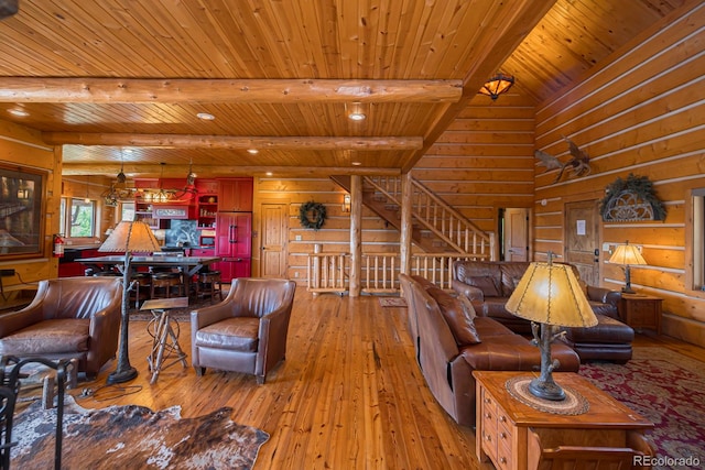 living room with light wood-type flooring, wood walls, and wooden ceiling