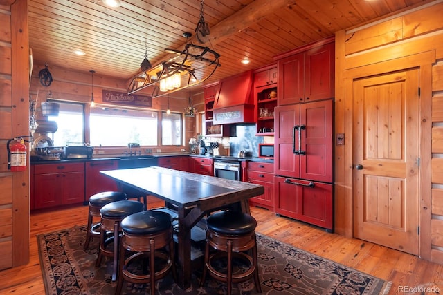 kitchen with wooden walls, wood ceiling, custom exhaust hood, light hardwood / wood-style floors, and stainless steel appliances