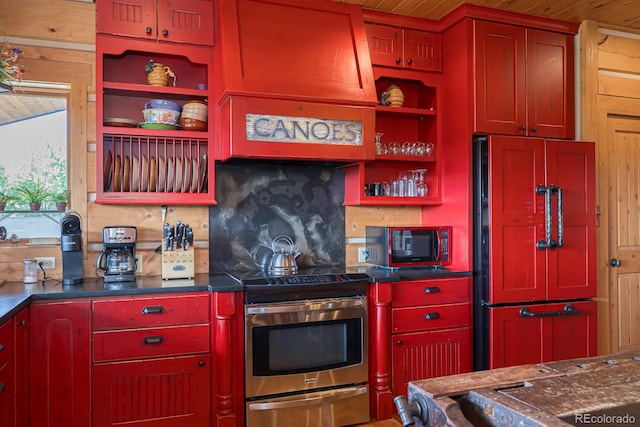 kitchen featuring wood ceiling, electric stove, and tasteful backsplash