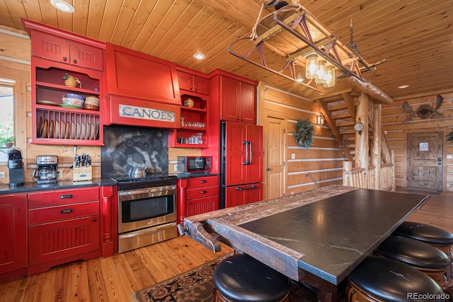 kitchen with wood ceiling, hardwood / wood-style floors, paneled fridge, and electric stove