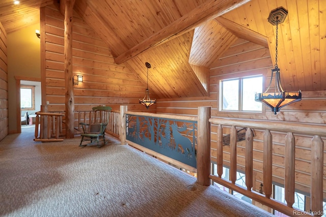 bonus room with wooden ceiling, beamed ceiling, wood walls, and carpet