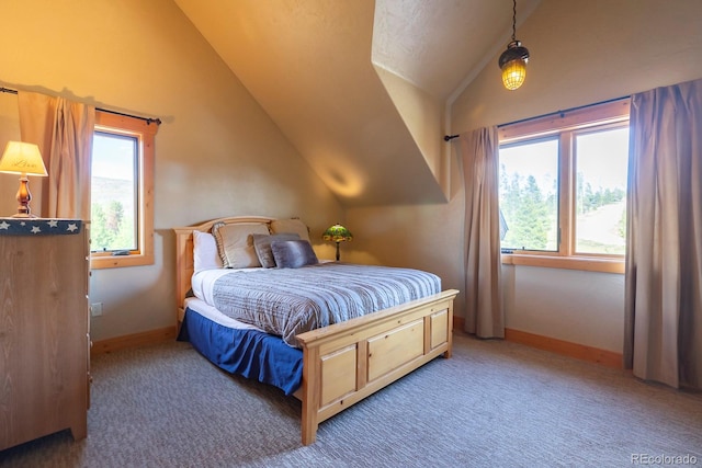 bedroom featuring carpet and vaulted ceiling