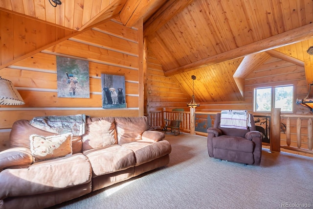 living room featuring lofted ceiling with beams, wood walls, wood ceiling, and carpet flooring