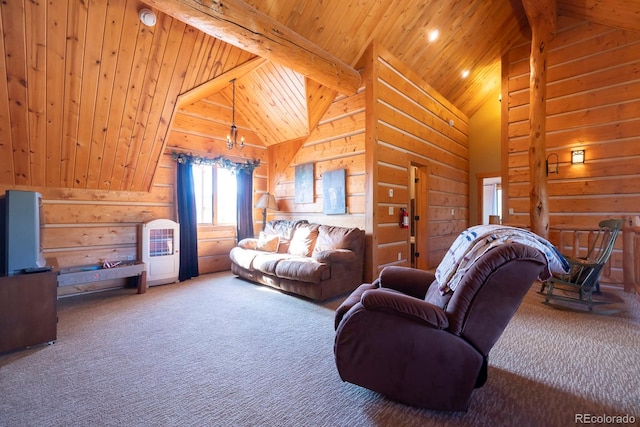 living room with wooden walls, wood ceiling, beamed ceiling, carpet, and high vaulted ceiling