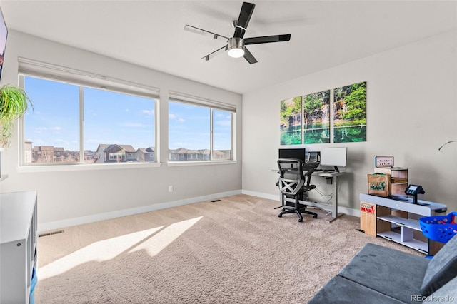 office space with carpet flooring, plenty of natural light, visible vents, and baseboards