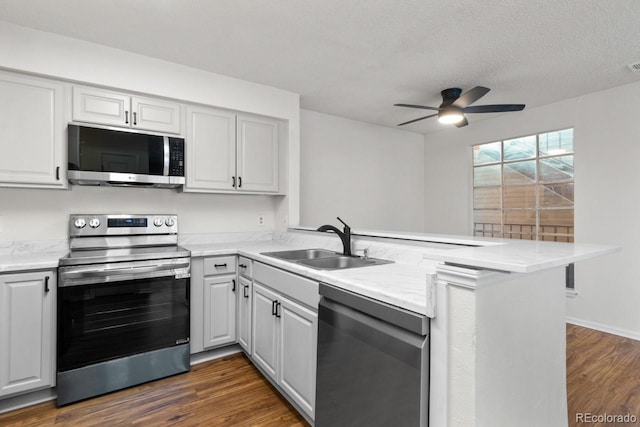 kitchen featuring sink, dark hardwood / wood-style floors, stainless steel appliances, and kitchen peninsula