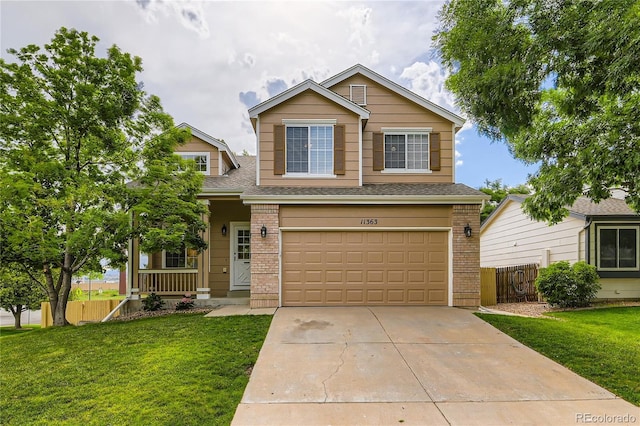 11363 Latigo Ln, Parker, CO 80138 - view of front of house featuring brick siding, a garage, driveway, roof with shingles, and a porch