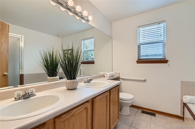 11363 Latigo Ln, Parker, CO 80138 - bathroom featuring tile patterned flooring, double vanity, a bathtub, and a shower with shower door