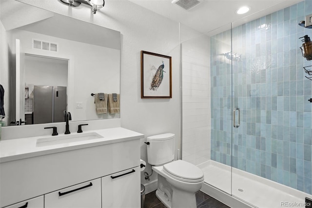 1250 W Osceola St Unit 2, Denver, CO 80204 - bathroom with vanity, a stall shower, and recessed lighting