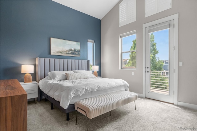5046 Uinta St, Denver, CO 80238 - bedroom with carpet, access to exterior, and high vaulted ceiling