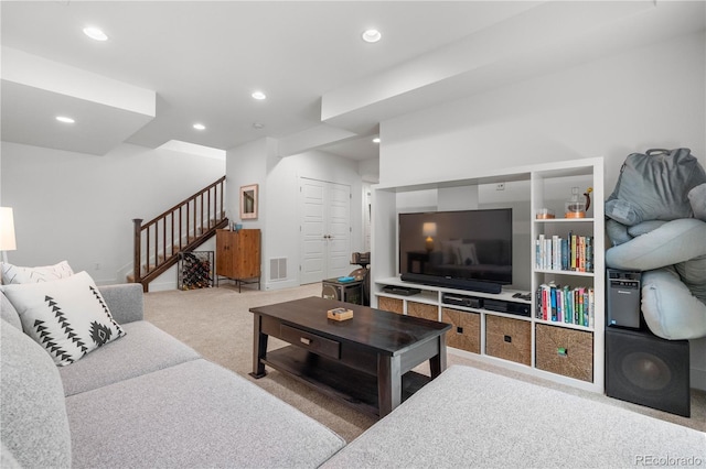 5046 Uinta St, Denver, CO 80238 - living room with carpet flooring, stairs, and recessed lighting
