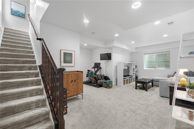 5046 Uinta St, Denver, CO 80238 - living area featuring carpet, stairs, and recessed lighting