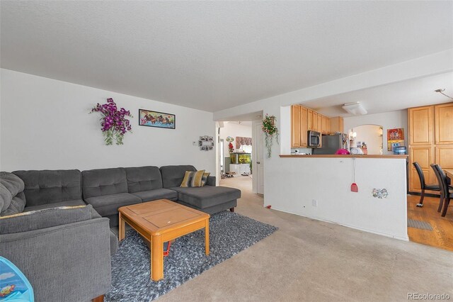 2246 S Ensenada St, Aurora, CO 80013 - living area featuring light carpet and arched walkways