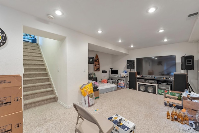 2246 S Ensenada St, Aurora, CO 80013 - carpeted living room with stairs, recessed lighting, and baseboards