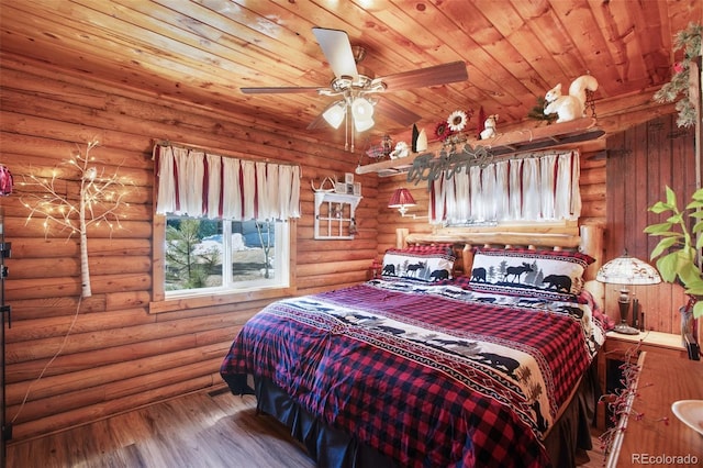 bedroom featuring wood ceiling, log walls, wood finished floors, and ceiling fan