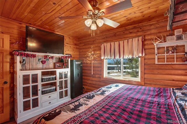 bedroom with rustic walls and wood ceiling